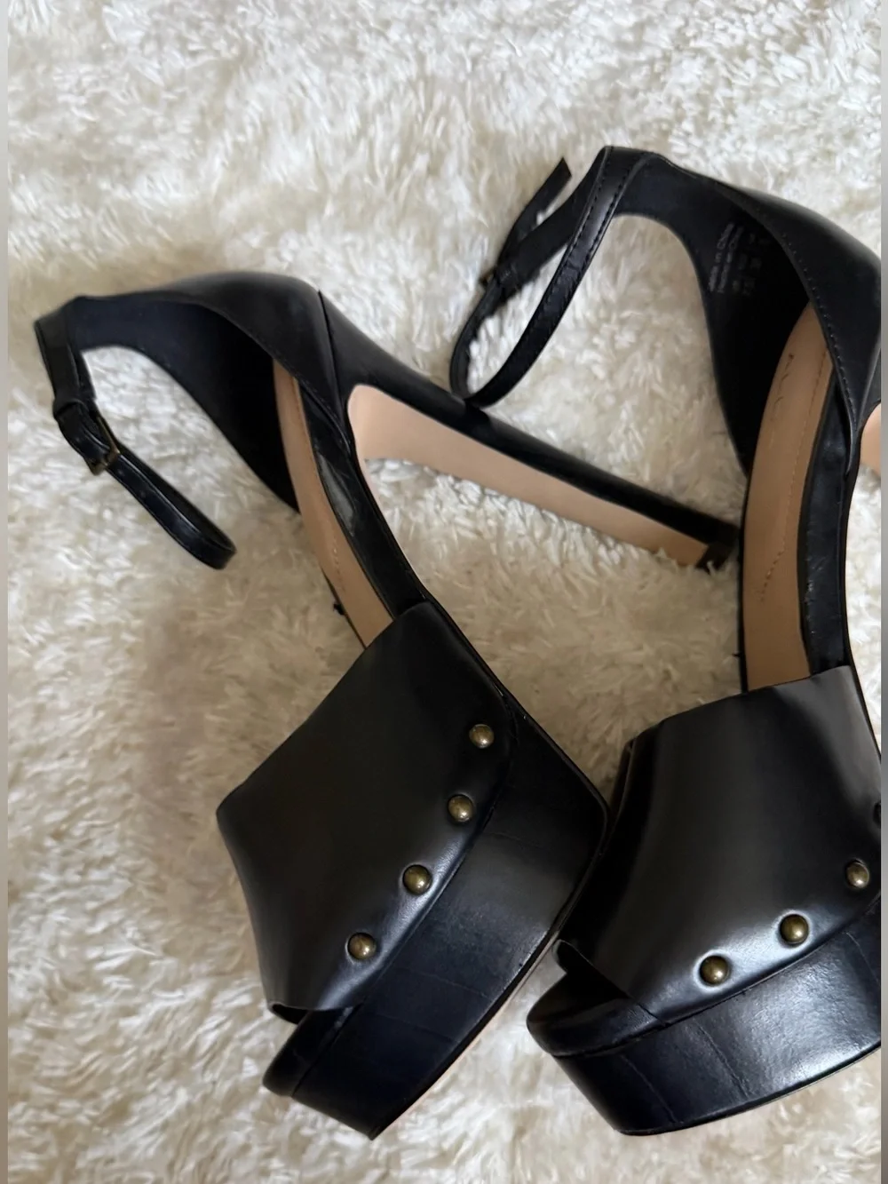Aldo Black Studded Platform Peep-Toe Ankle Strap Heels